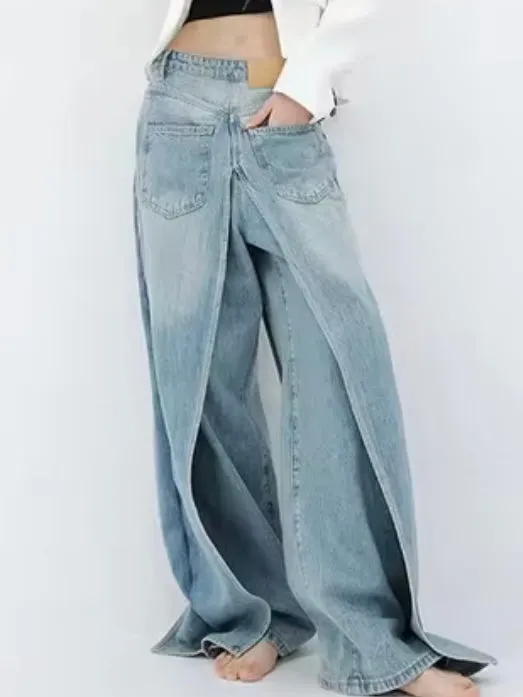 Light blue double jeans front back wide leg washed pants