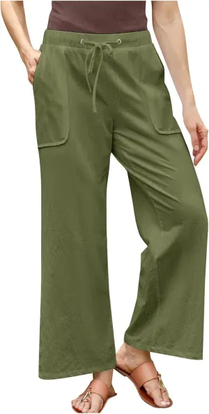 Lightweight Cotton Linen Pants Women Solid Drawstring Straight Wide Leg Trousers Summer Comfy Vacation Pant Plus Size