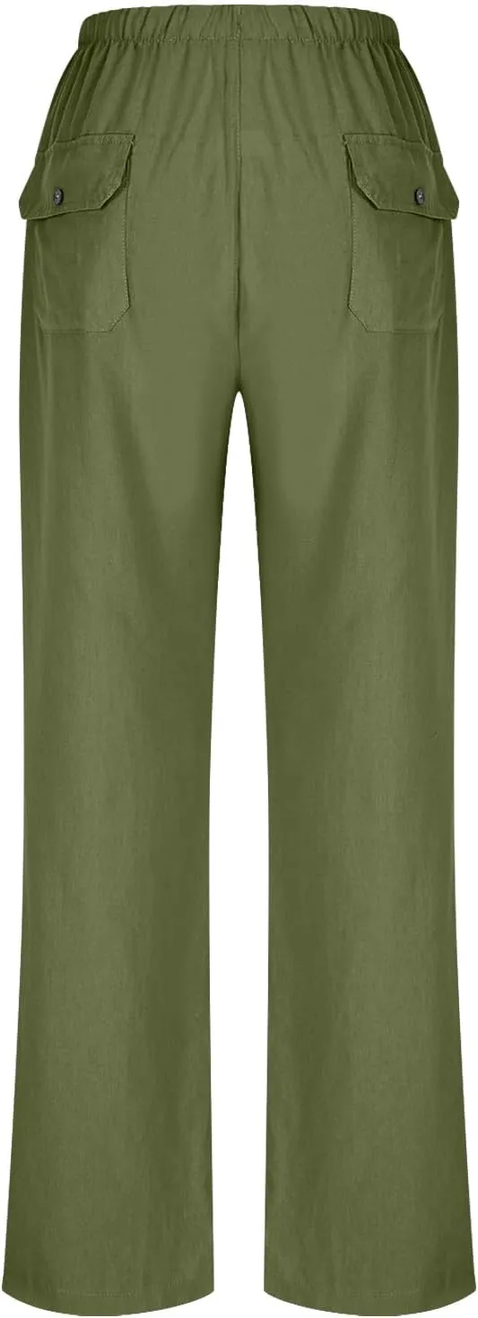 Lightweight Cotton Linen Pants Women Solid Drawstring Straight Wide Leg Trousers Summer Comfy Vacation Pant Plus Size
