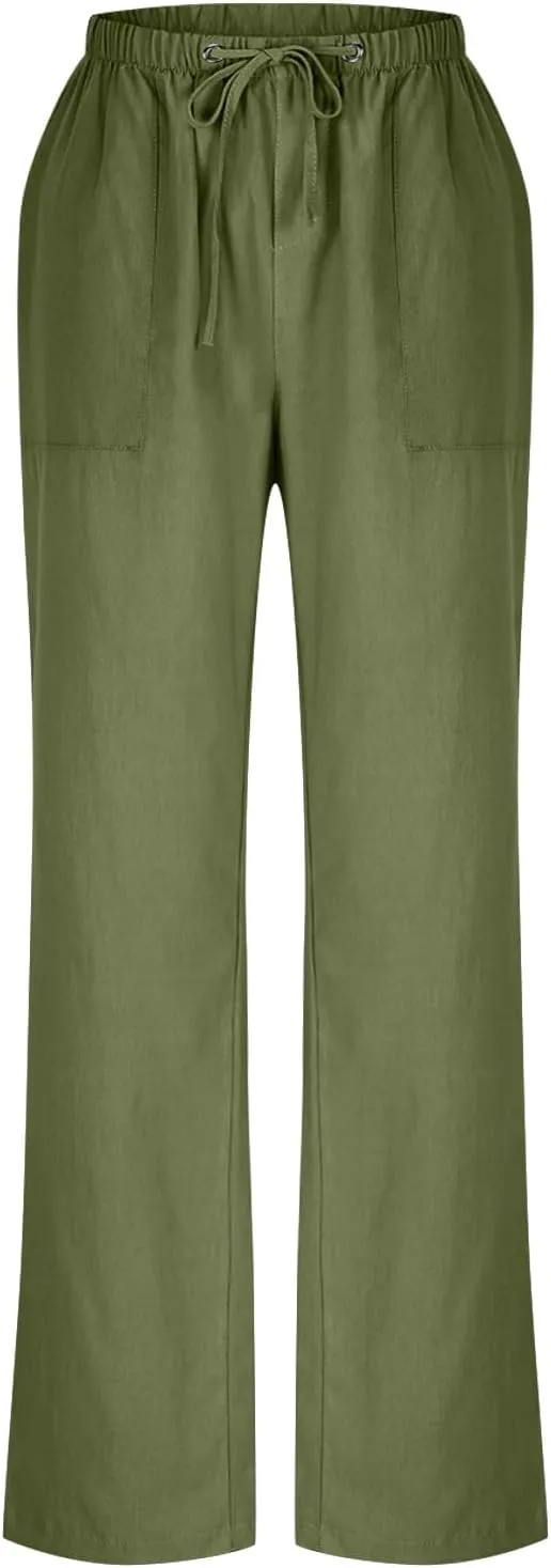 Lightweight Cotton Linen Pants Women Solid Drawstring Straight Wide Leg Trousers Summer Comfy Vacation Pant Plus Size