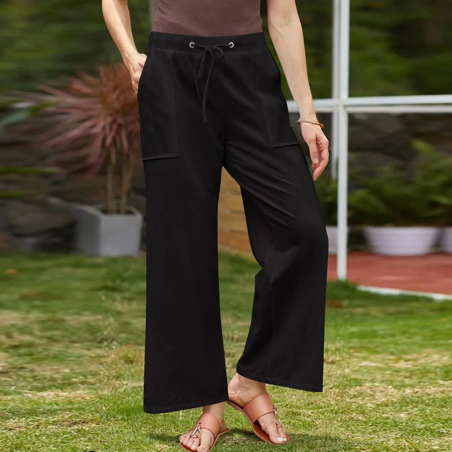 Lightweight Cotton Linen Pants Women Solid Drawstring Straight Wide Leg Trousers Summer Comfy Vacation Pant Plus Size