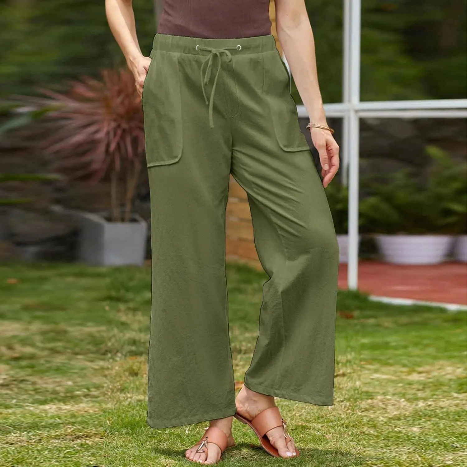 Lightweight Cotton Linen Pants Women Solid Drawstring Straight Wide Leg Trousers Summer Comfy Vacation Pant Plus Size
