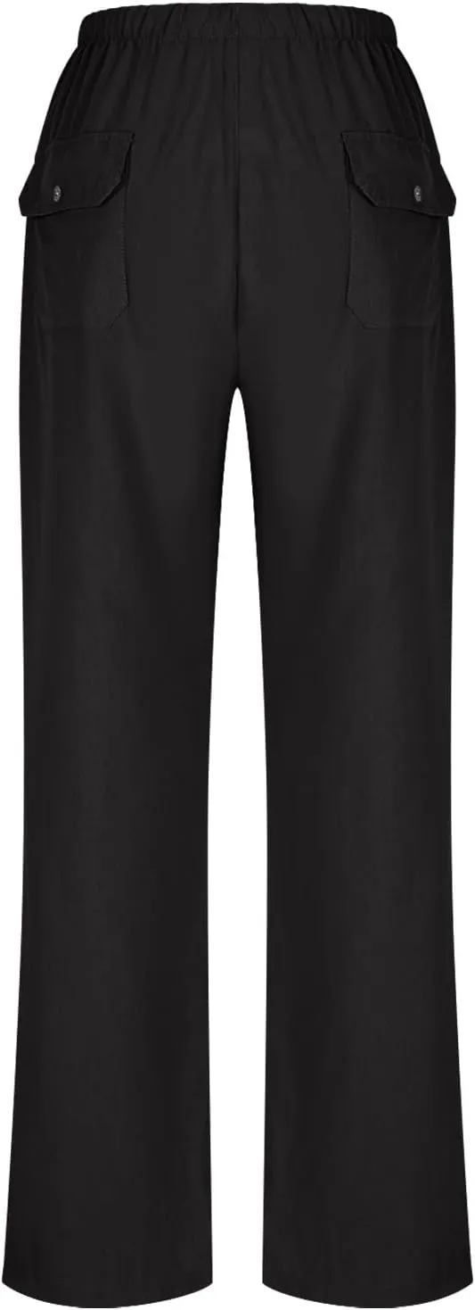 Lightweight Cotton Linen Pants Women Solid Drawstring Straight Wide Leg Trousers Summer Comfy Vacation Pant Plus Size