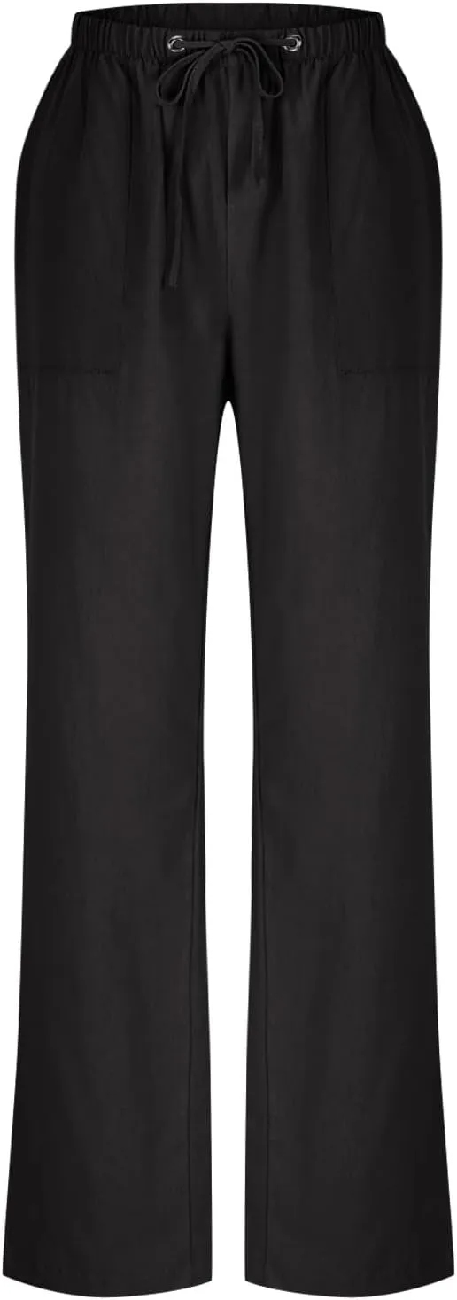 Lightweight Cotton Linen Pants Women Solid Drawstring Straight Wide Leg Trousers Summer Comfy Vacation Pant Plus Size