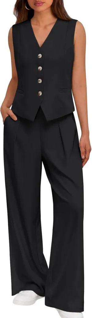 LILLUSORY Womens V Neck Twill Tailored Blazer Sleeveless Vest Two 2 Piece Set Wide Leg Pant Suit