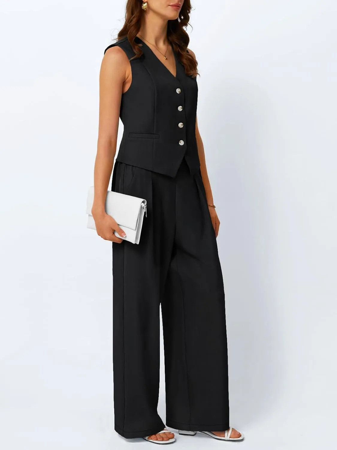LILLUSORY Womens V Neck Twill Tailored Blazer Sleeveless Vest Two 2 Piece Set Wide Leg Pant Suit