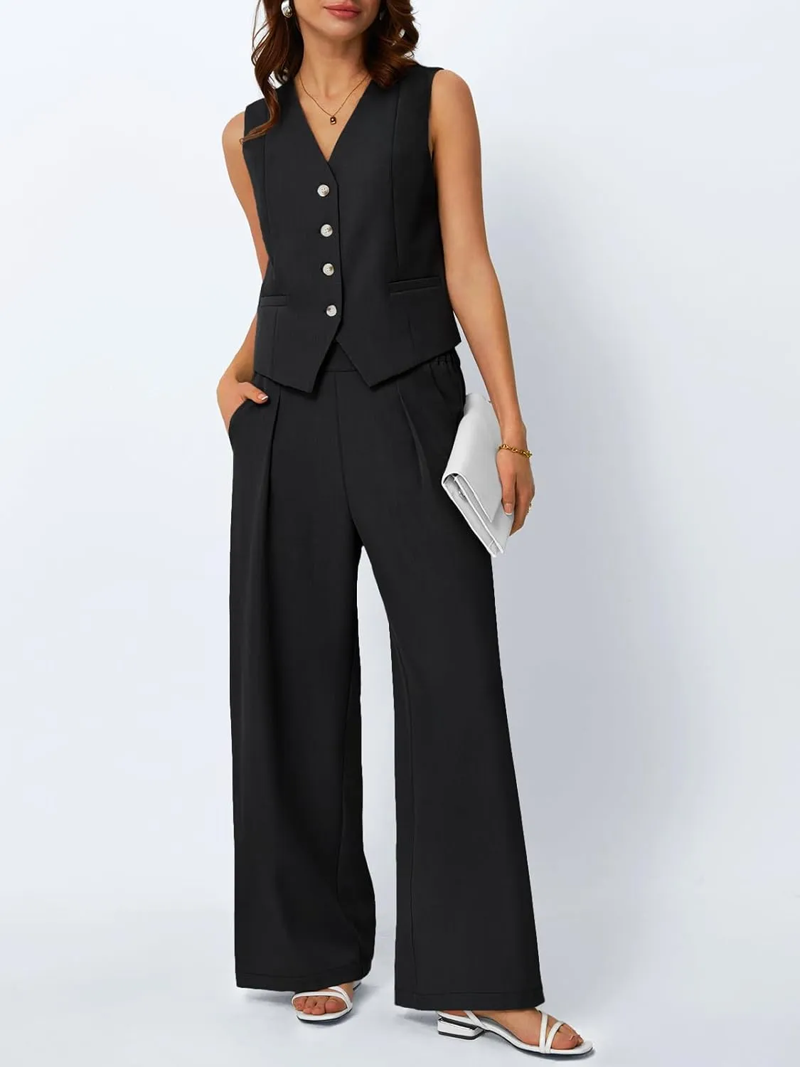 LILLUSORY Womens V Neck Twill Tailored Blazer Sleeveless Vest Two 2 Piece Set Wide Leg Pant Suit
