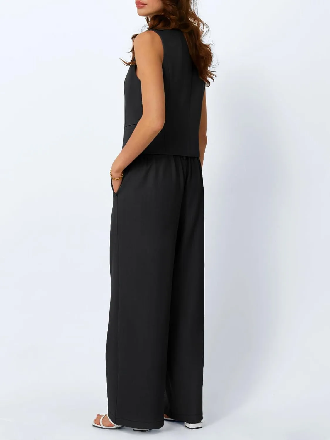 LILLUSORY Womens V Neck Twill Tailored Blazer Sleeveless Vest Two 2 Piece Set Wide Leg Pant Suit