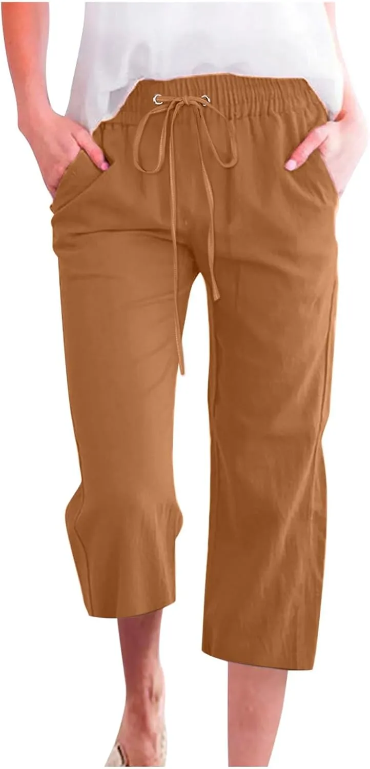 Linen Capri Pants for Women 2025 Summer Casual Drawstring Elastic Trouser Plus Size Lounge Cozy Cropped Capris Pocket