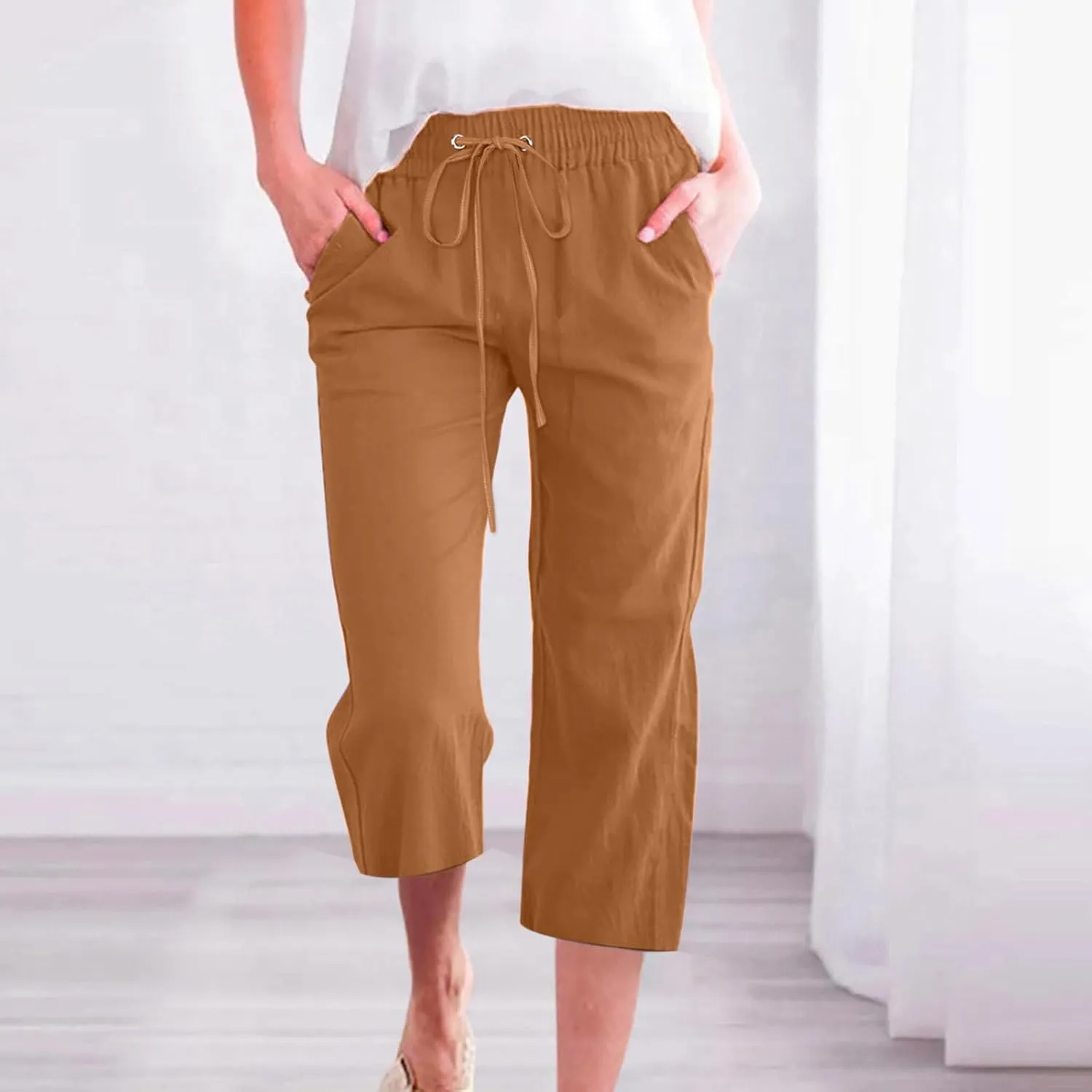 Linen Capri Pants for Women 2025 Summer Casual Drawstring Elastic Trouser Plus Size Lounge Cozy Cropped Capris Pocket