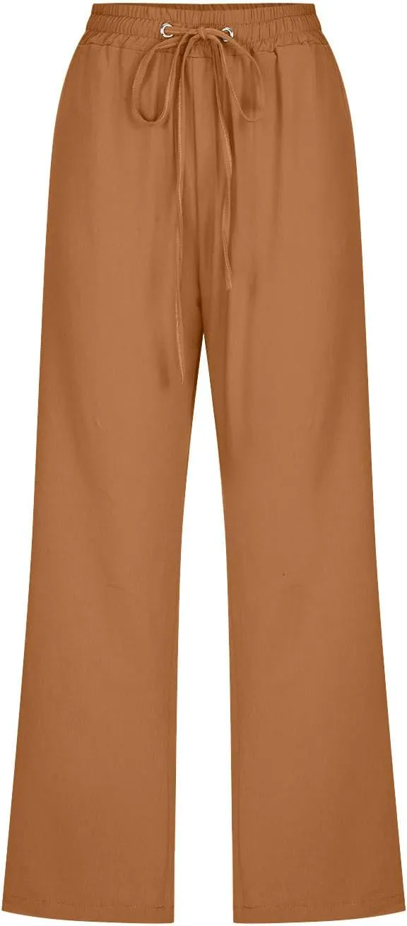 Linen Capri Pants for Women 2025 Summer Casual Drawstring Elastic Trouser Plus Size Lounge Cozy Cropped Capris Pocket