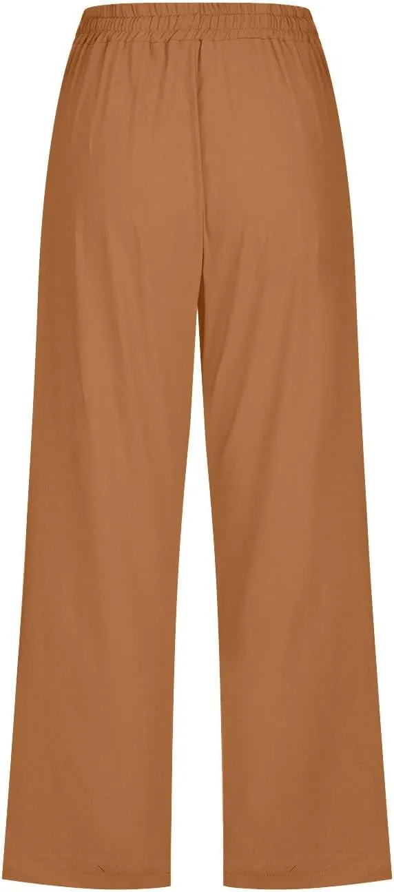 Linen Capri Pants for Women 2025 Summer Casual Drawstring Elastic Trouser Plus Size Lounge Cozy Cropped Capris Pocket