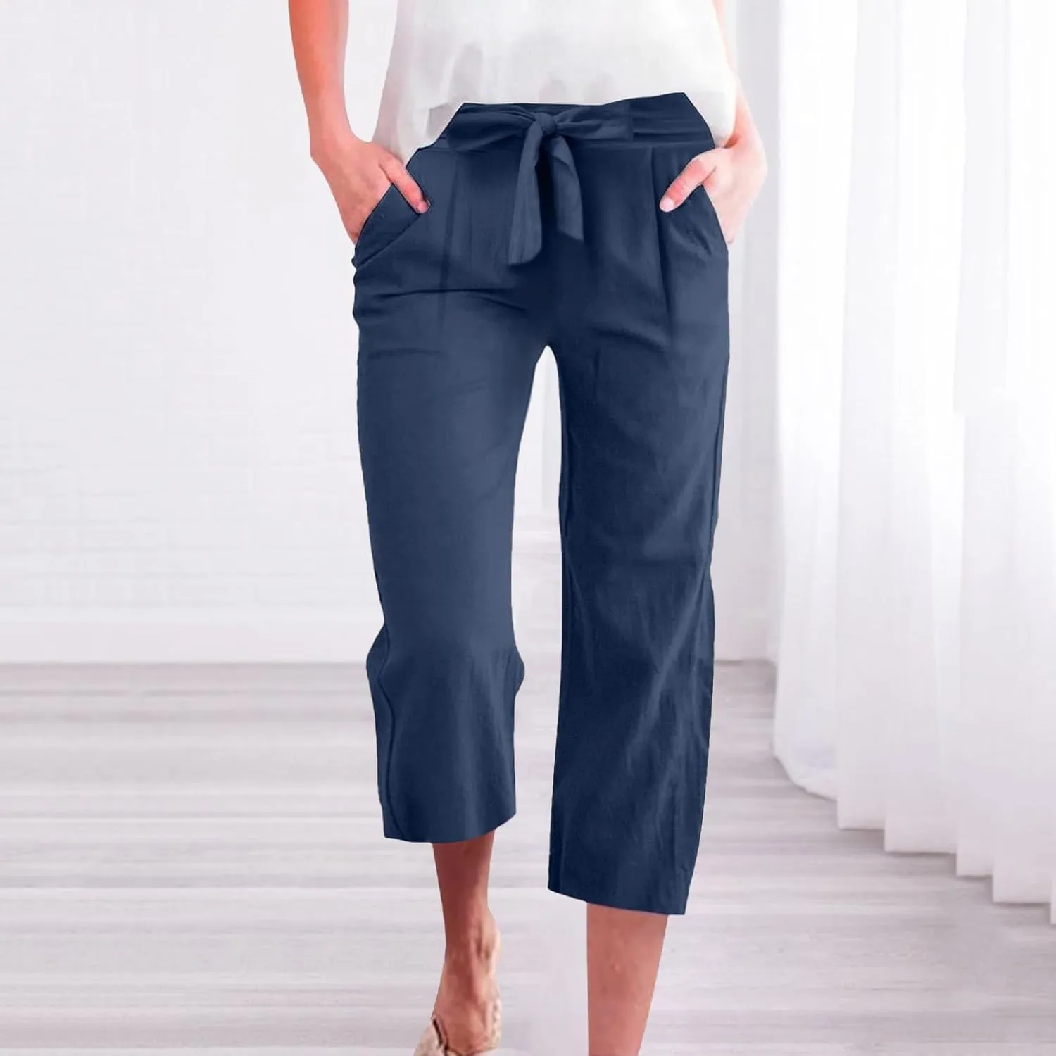 Linen Capri Pants for Women Casual Summer Loose Fit Wide Leg Pants Tie Belt Elastic Waist Cropped Trouser with Pockets