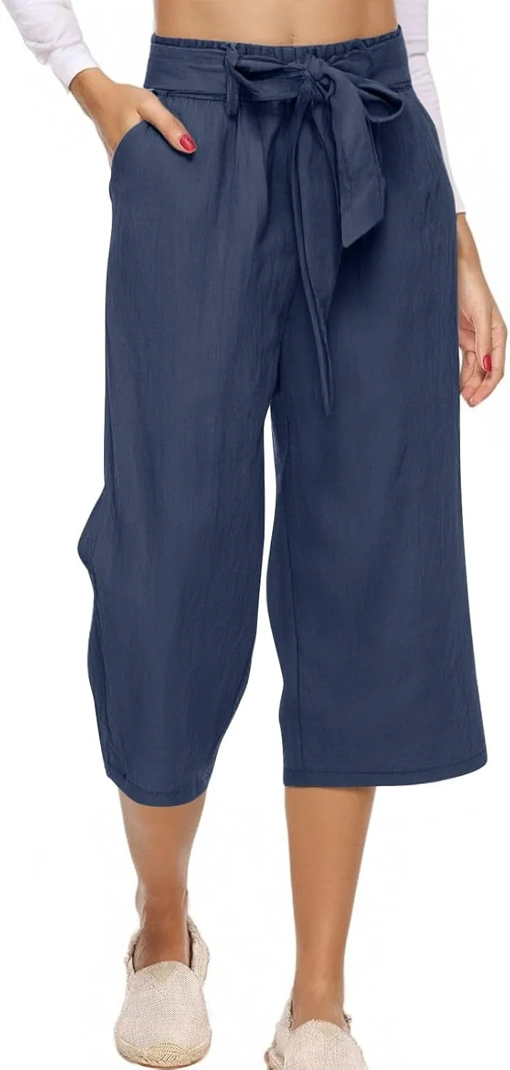 Linen Capri Pants for Women Casual Summer Loose Fit Wide Leg Pants Tie Belt Elastic Waist Cropped Trouser with Pockets
