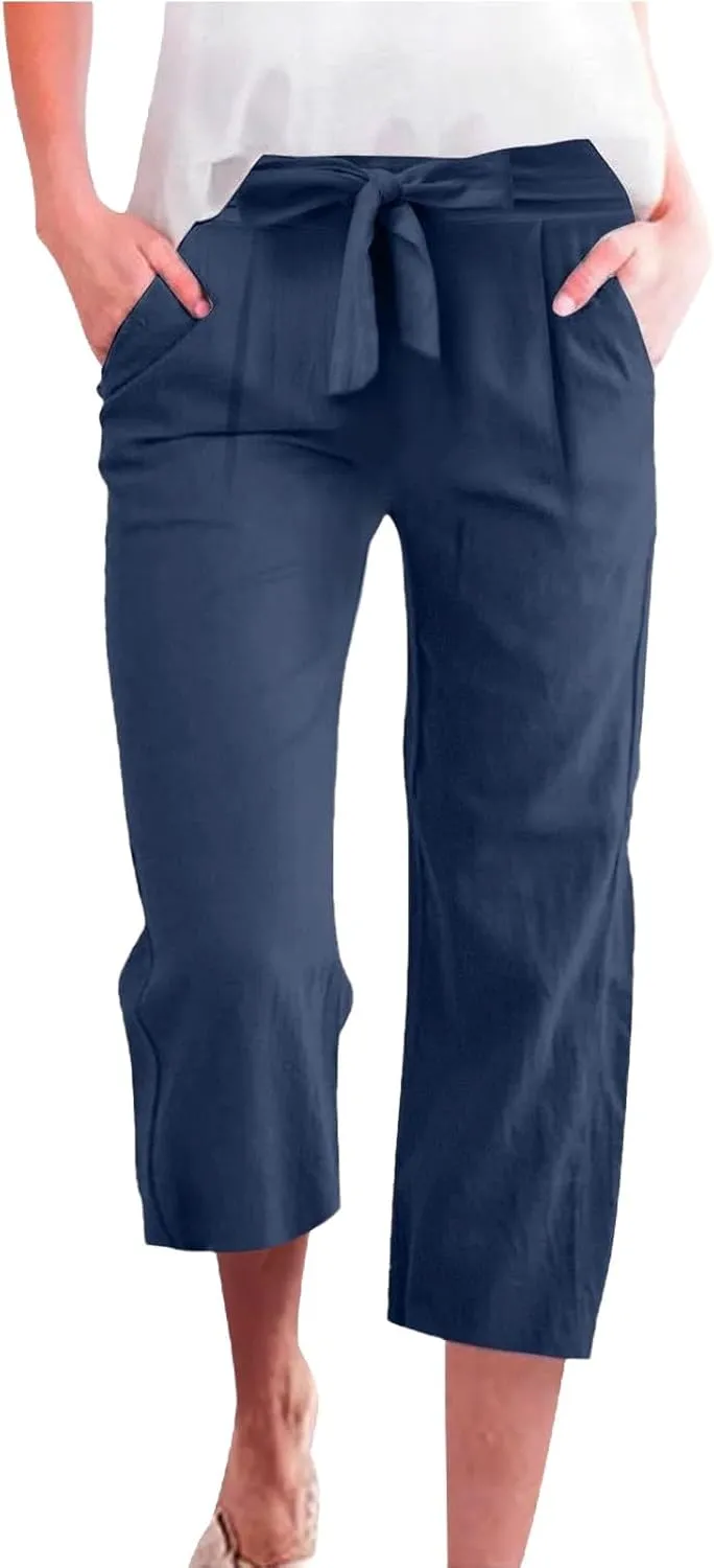 Linen Capri Pants for Women Casual Summer Loose Fit Wide Leg Pants Tie Belt Elastic Waist Cropped Trouser with Pockets