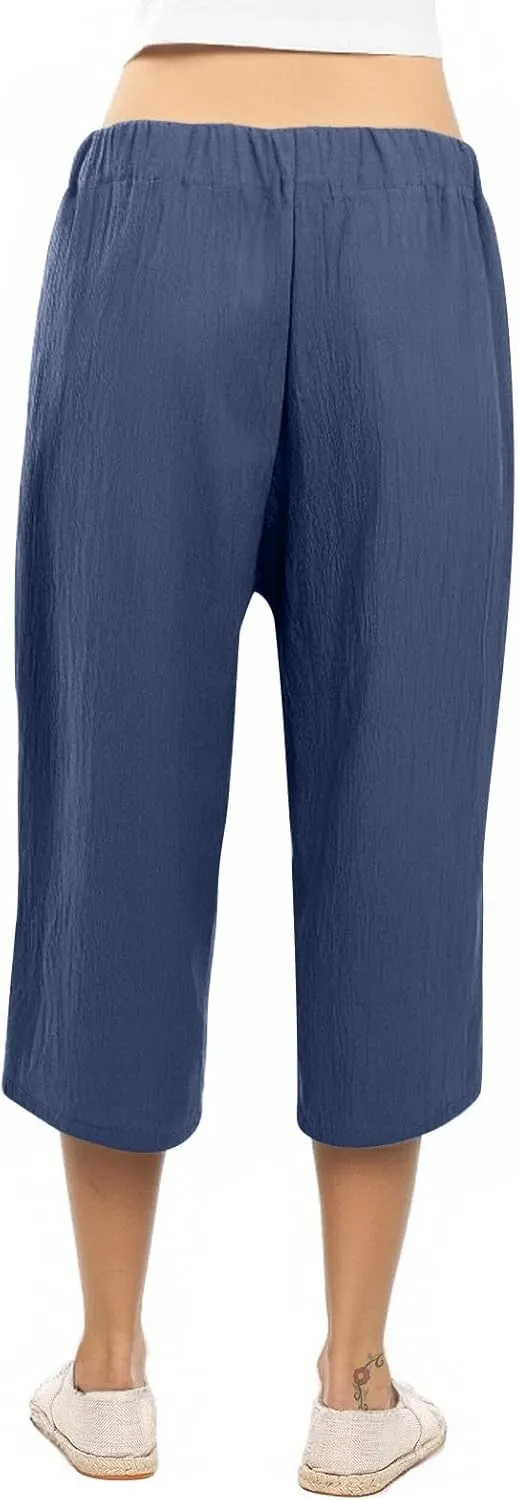 Linen Capri Pants for Women Casual Summer Loose Fit Wide Leg Pants Tie Belt Elastic Waist Cropped Trouser with Pockets