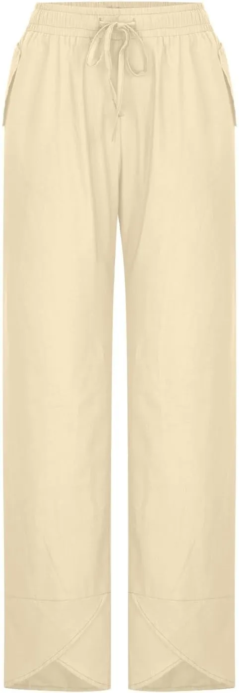 Linen Cropped Pants Women Summer Elastic Waisted Palazzo Pants Drawstring Straight Leg Lounge Trousers Pockets