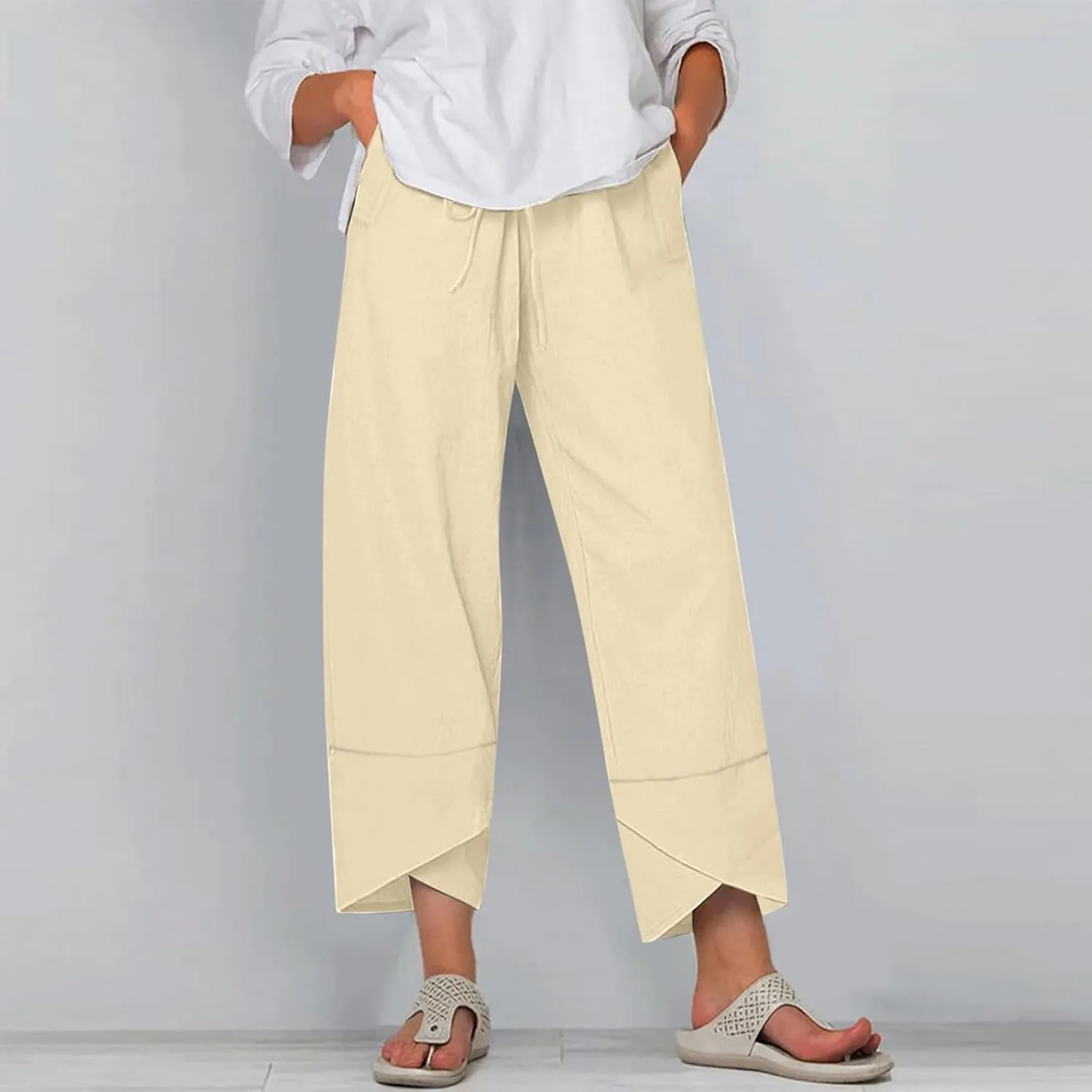 Linen Cropped Pants Women Summer Elastic Waisted Palazzo Pants Drawstring Straight Leg Lounge Trousers Pockets
