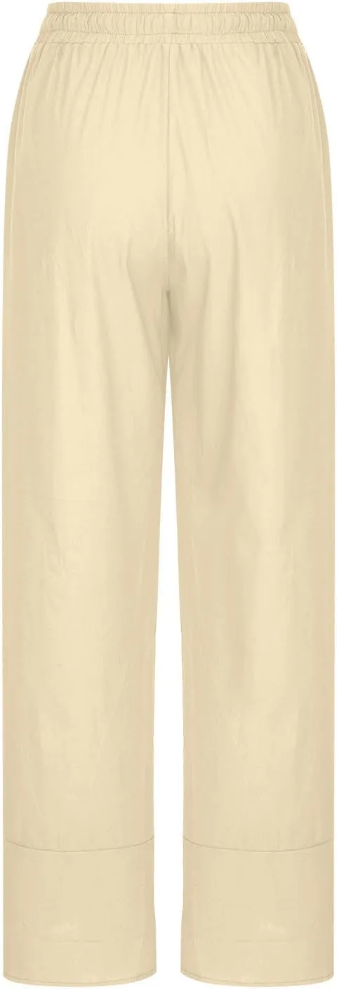 Linen Cropped Pants Women Summer Elastic Waisted Palazzo Pants Drawstring Straight Leg Lounge Trousers Pockets