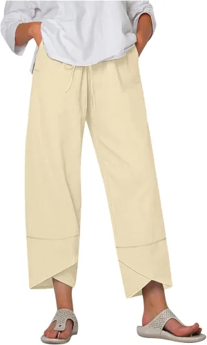 Linen Cropped Pants Women Summer Elastic Waisted Palazzo Pants Drawstring Straight Leg Lounge Trousers Pockets