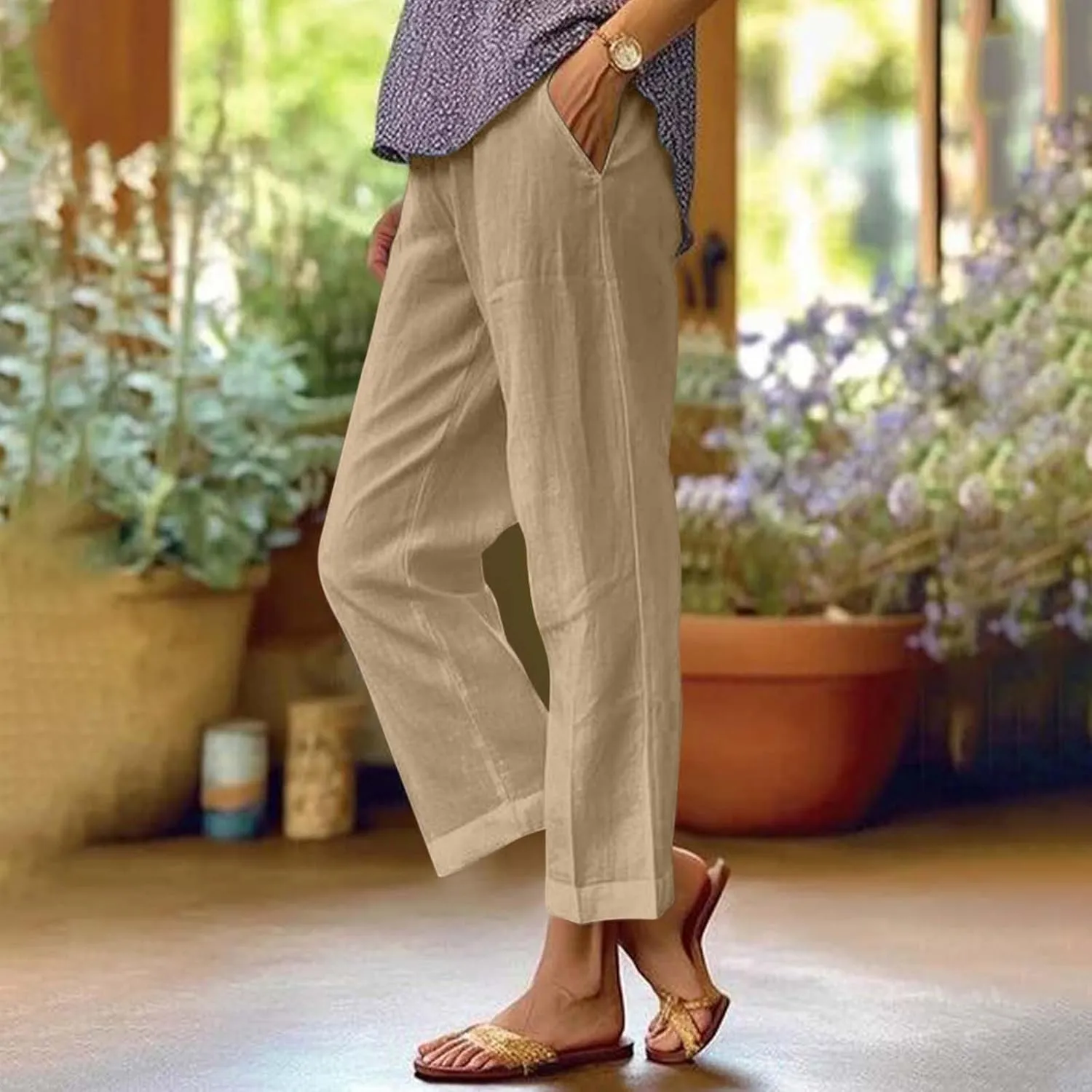 Linen Drawstring Pants Women Lounge Casual Lightweight Dressy Vacation Petite Trousers for Women