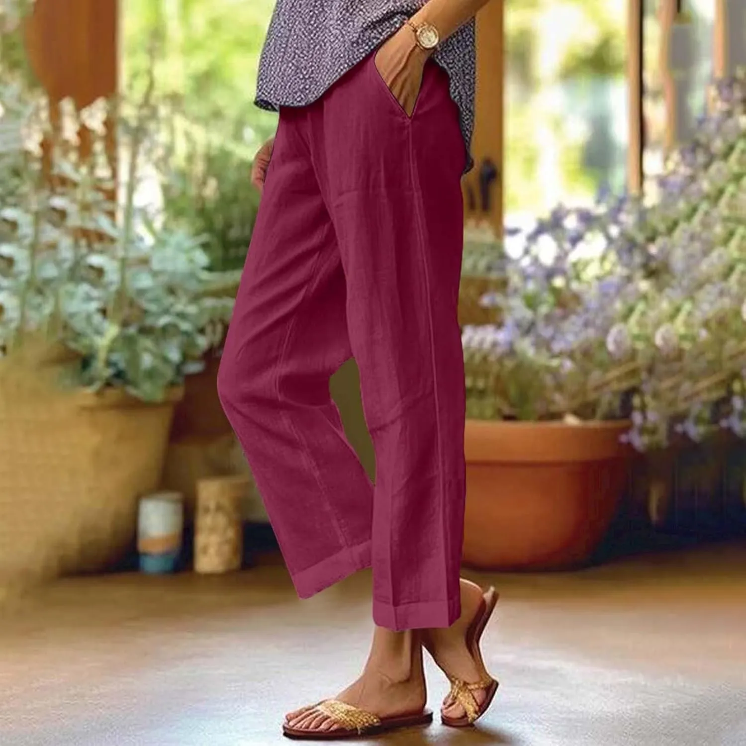 Linen Drawstring Pants Women Lounge Casual Lightweight Dressy Vacation Petite Trousers for Women