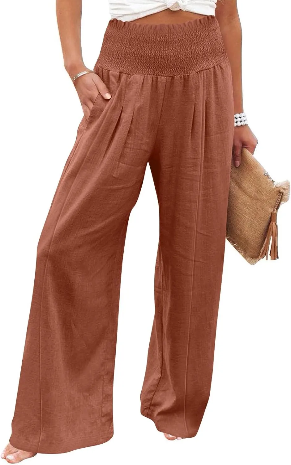 Linen Palazzo Pants for Women 2025 Baggy Y2K Summer Stretchy Boho Beach Pants High Waist Plus Size Lounge Palazzo Trousers