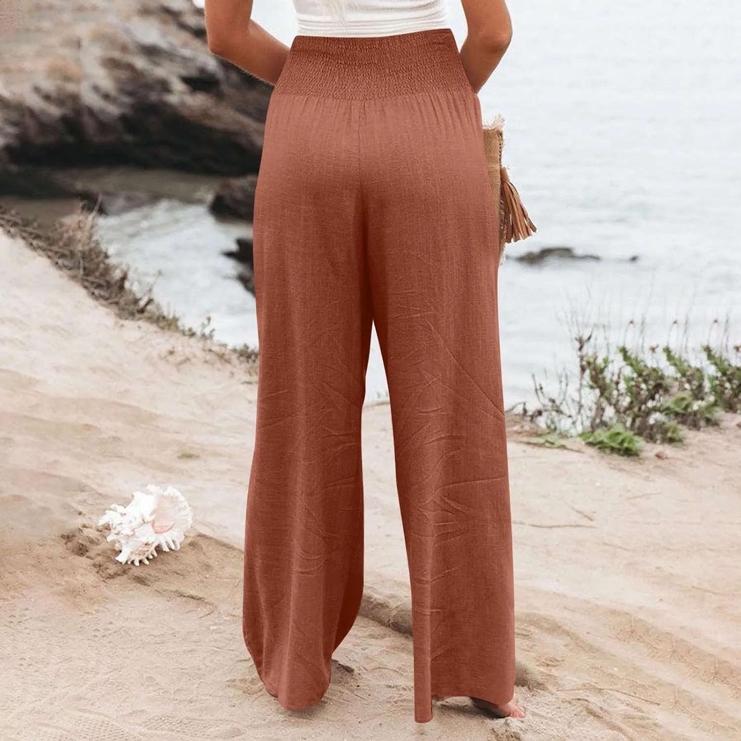 Linen Palazzo Pants for Women 2025 Baggy Y2K Summer Stretchy Boho Beach Pants High Waist Plus Size Lounge Palazzo Trousers