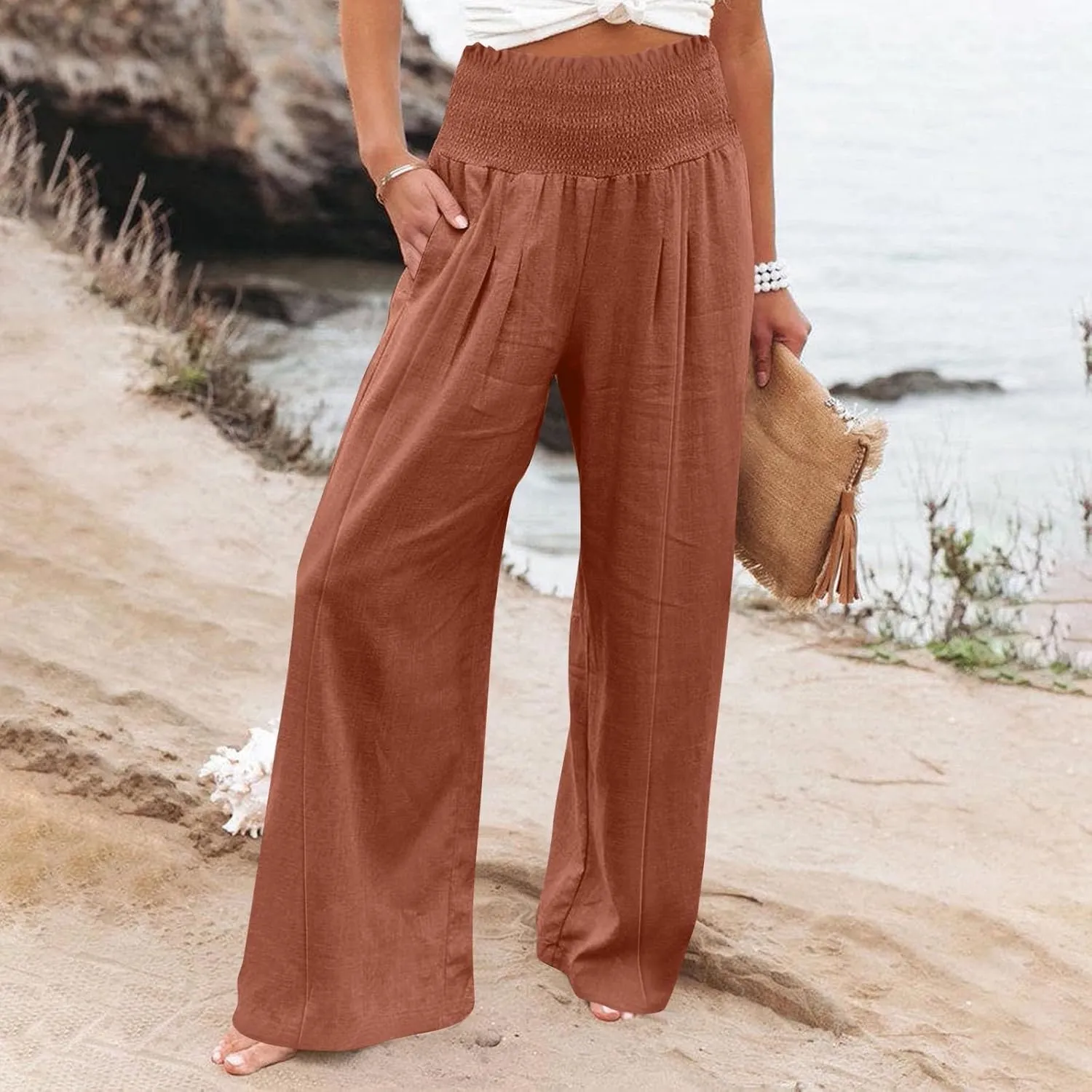 Linen Palazzo Pants for Women 2025 Baggy Y2K Summer Stretchy Boho Beach Pants High Waist Plus Size Lounge Palazzo Trousers