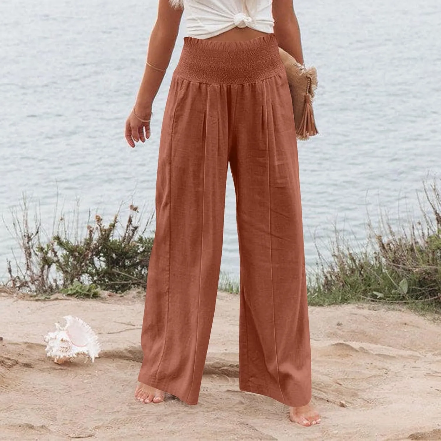 Linen Palazzo Pants for Women 2025 Baggy Y2K Summer Stretchy Boho Beach Pants High Waist Plus Size Lounge Palazzo Trousers