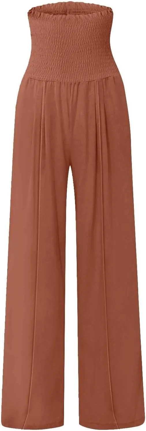 Linen Palazzo Pants for Women 2025 Baggy Y2K Summer Stretchy Boho Beach Pants High Waist Plus Size Lounge Palazzo Trousers