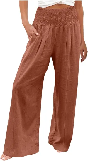 Linen Palazzo Pants for Women 2025 Baggy Y2K Summer Stretchy Boho Beach Pants High Waist Plus Size Lounge Palazzo Trousers