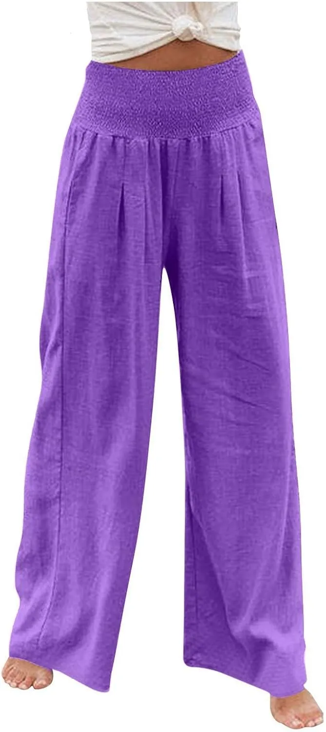 Linen Palazzo Pants Women 2025 Wide Leg Long Lounge Pant Summer High Waisted Loose Cotton Trousers with Pockets
