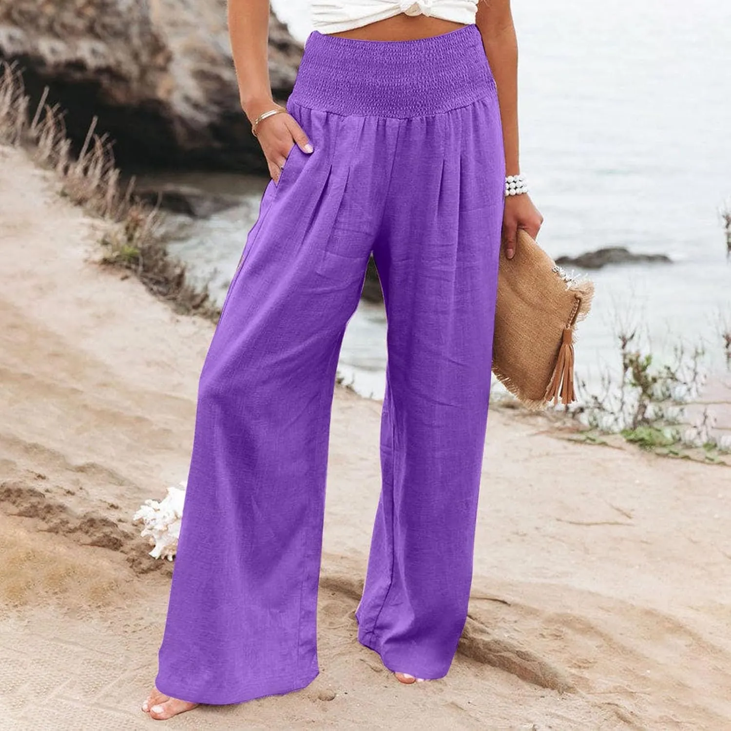 Linen Palazzo Pants Women 2025 Wide Leg Long Lounge Pant Summer High Waisted Loose Cotton Trousers with Pockets