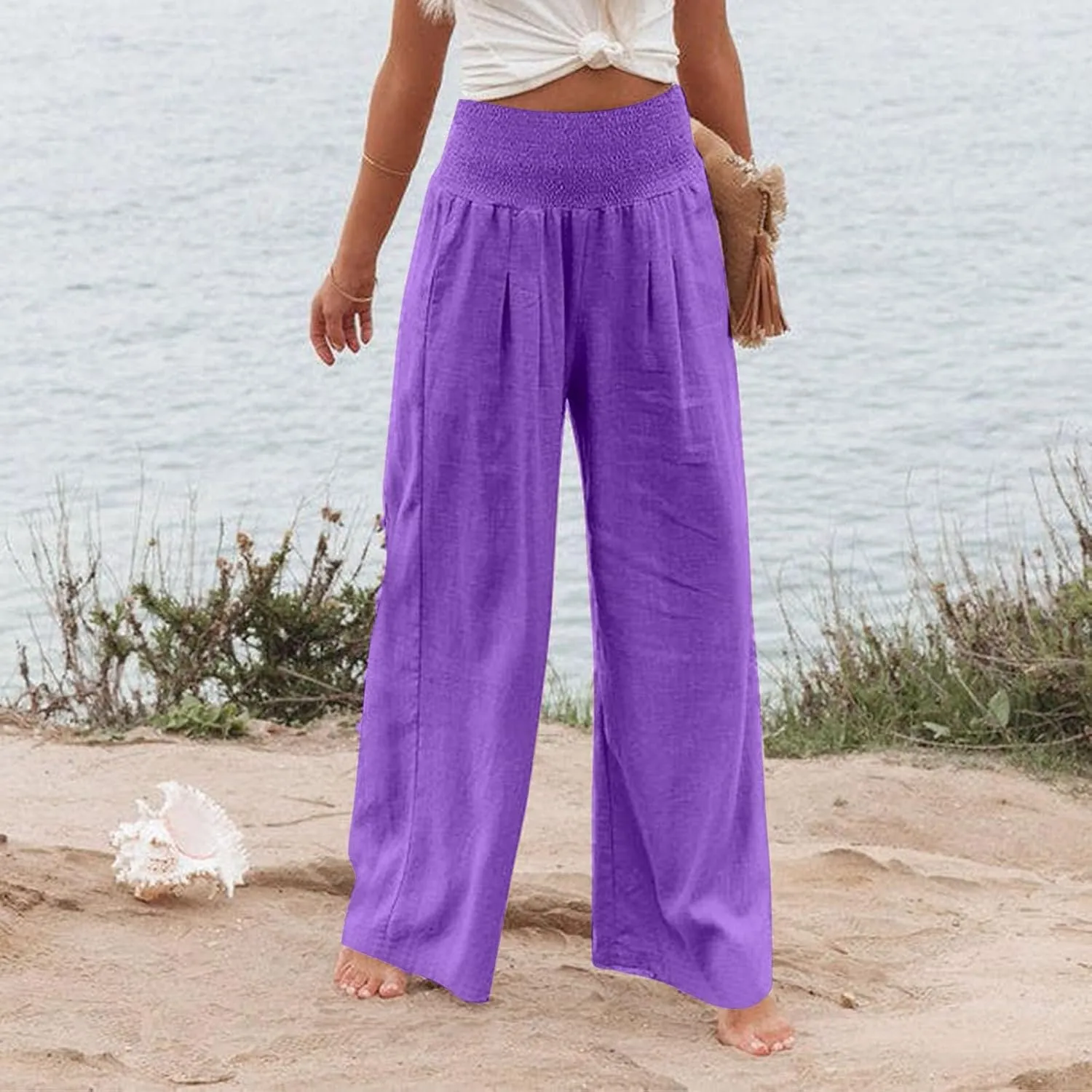 Linen Palazzo Pants Women 2025 Wide Leg Long Lounge Pant Summer High Waisted Loose Cotton Trousers with Pockets
