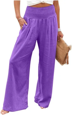 Linen Palazzo Pants Women 2025 Wide Leg Long Lounge Pant Summer High Waisted Loose Cotton Trousers with Pockets