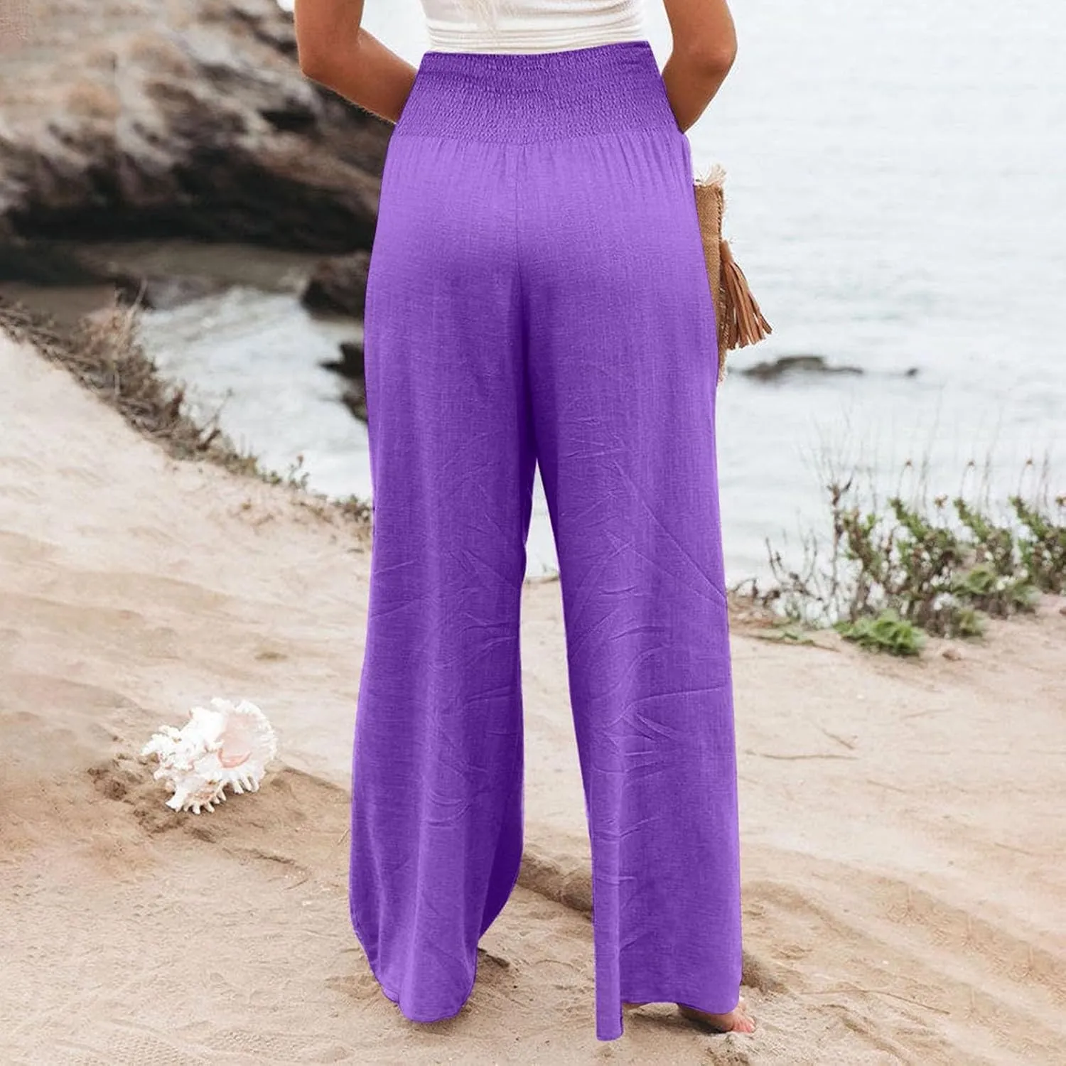 Linen Palazzo Pants Women 2025 Wide Leg Long Lounge Pant Summer High Waisted Loose Cotton Trousers with Pockets