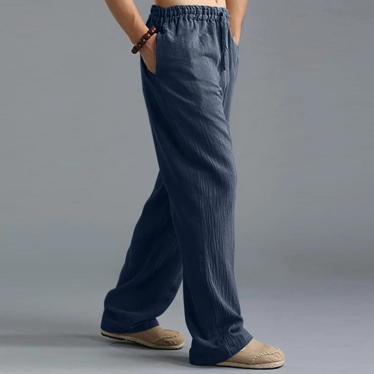 Linen Pants for Men Beach Classic Flat Front Chino Pants Casual Lightweight Straight Leg Summer Beach Trousers