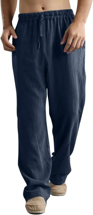 Linen Pants for Men Beach Classic Flat Front Chino Pants Casual Lightweight Straight Leg Summer Beach Trousers