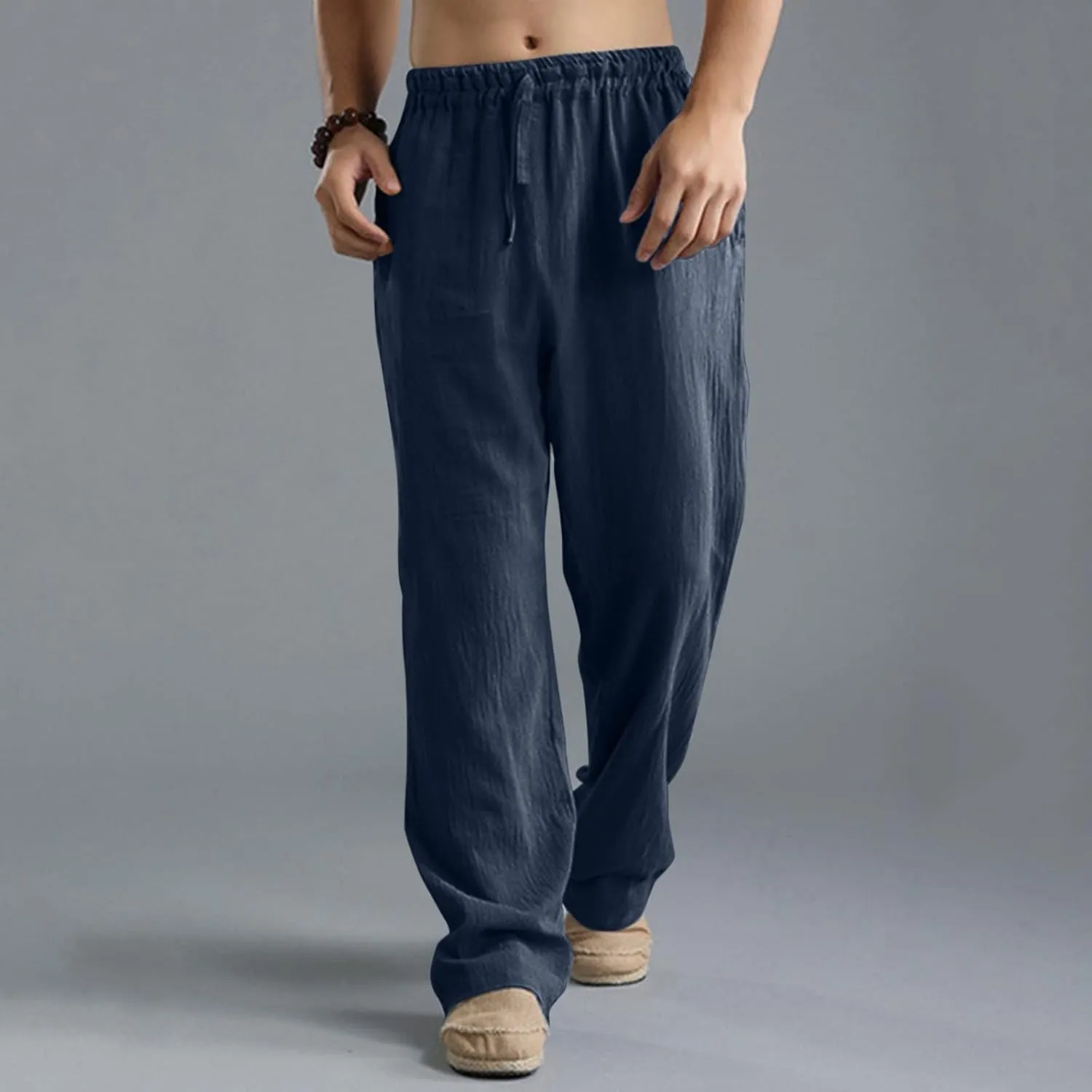 Linen Pants for Men Beach Classic Flat Front Chino Pants Casual Lightweight Straight Leg Summer Beach Trousers