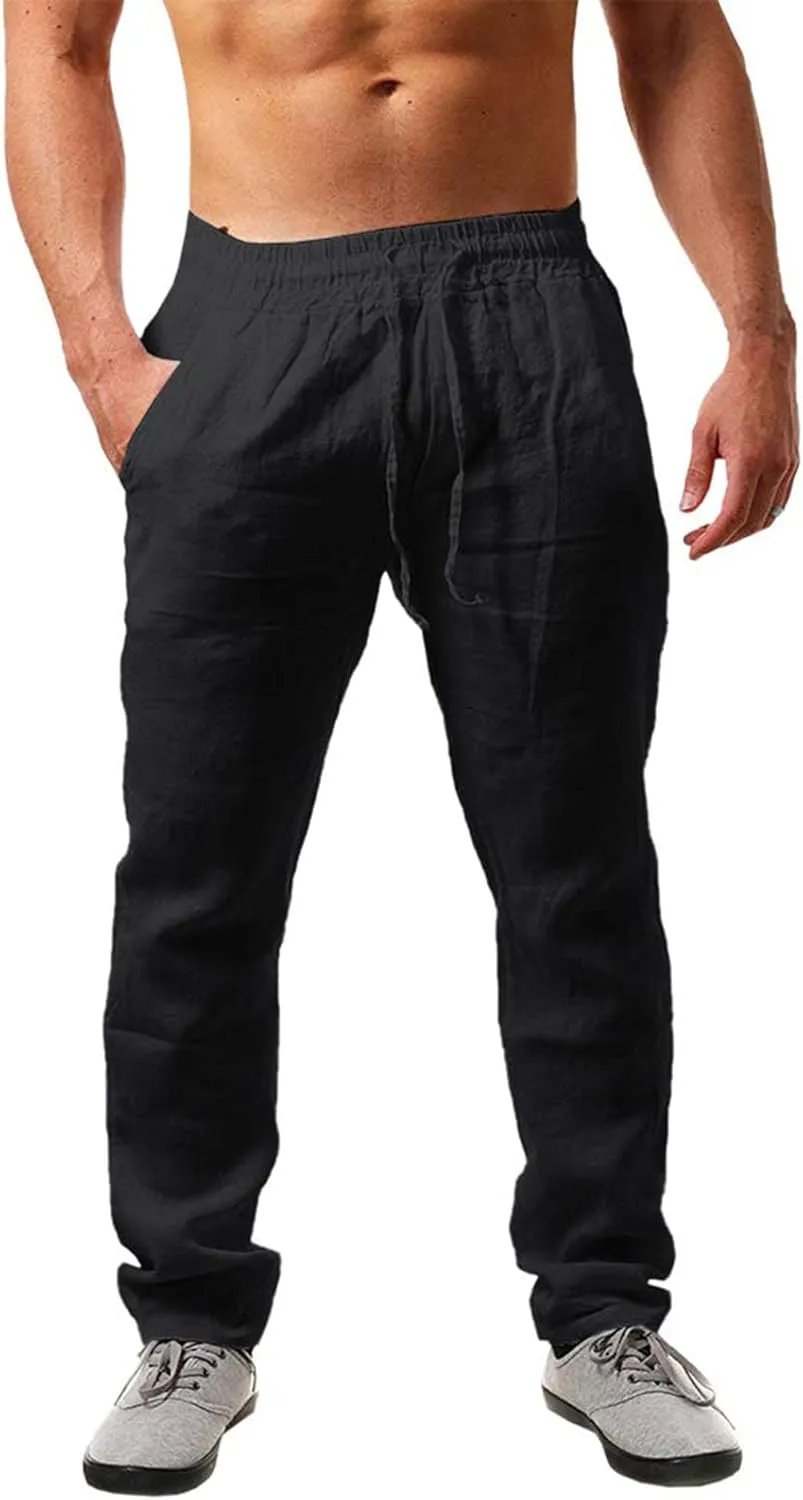 Linen Pants for Men Yoga Loose Fit Casual Elastic Waist Drawstring Baggy Trousers Summer Beach Pant with Pockets