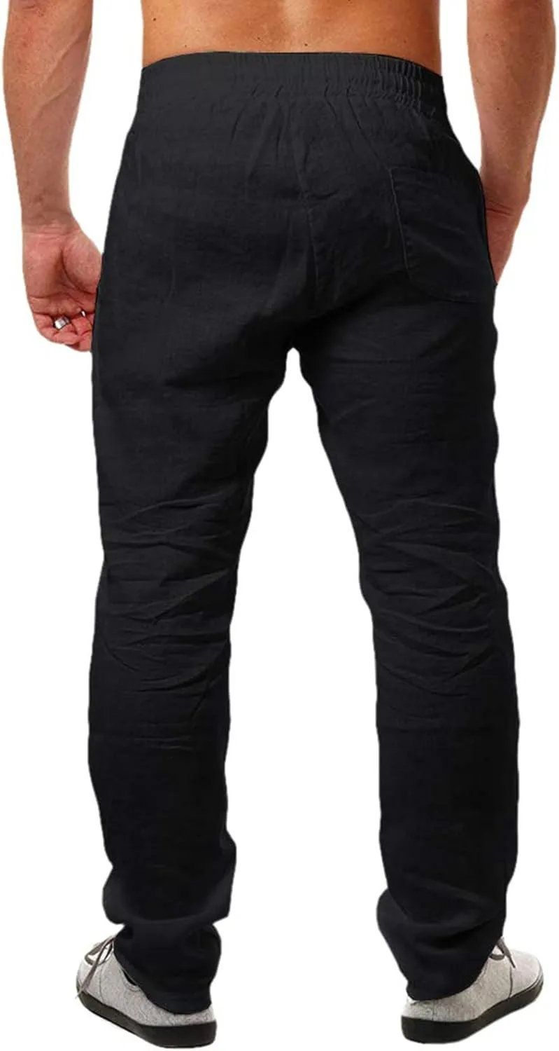 Linen Pants for Men Yoga Loose Fit Casual Elastic Waist Drawstring Baggy Trousers Summer Beach Pant with Pockets