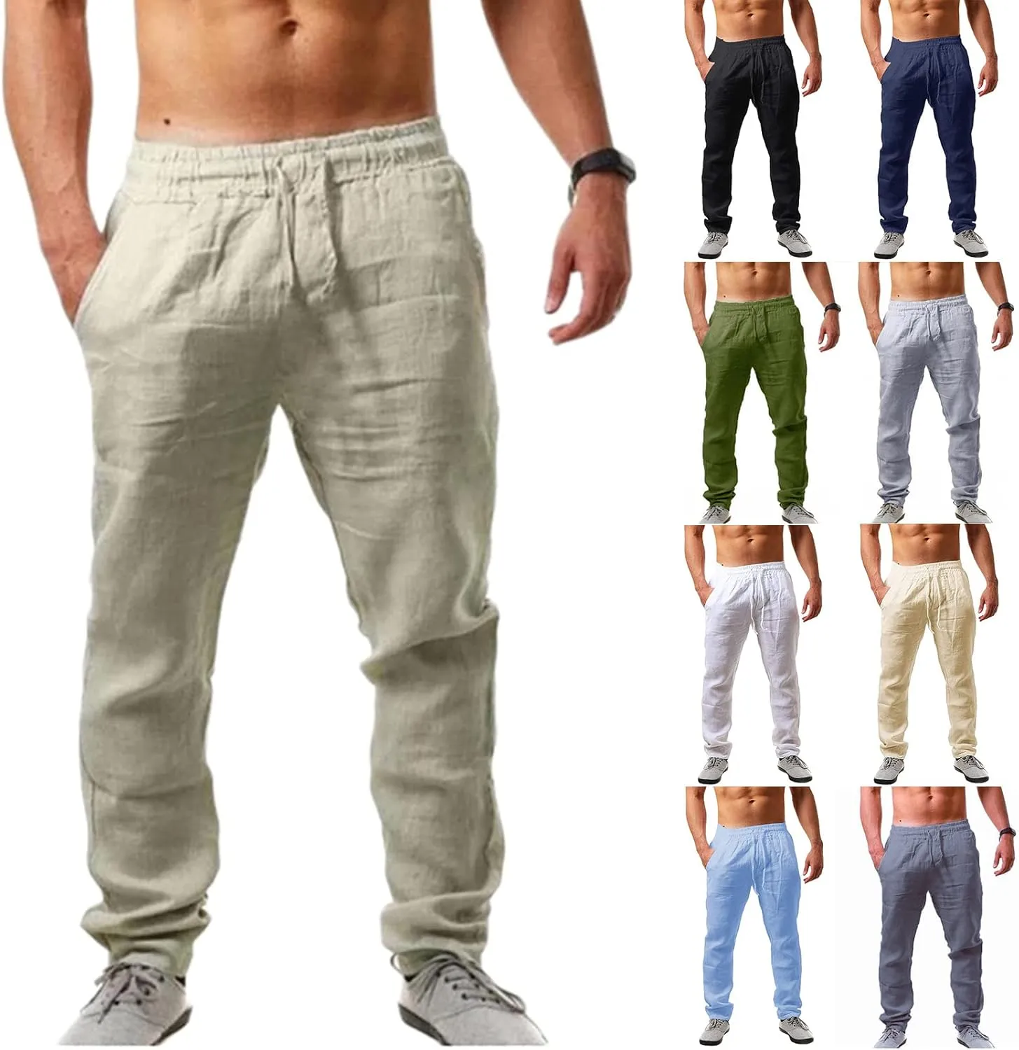 Linen Pants for Men Yoga Loose Fit Casual Elastic Waist Drawstring Baggy Trousers Summer Beach Pant with Pockets