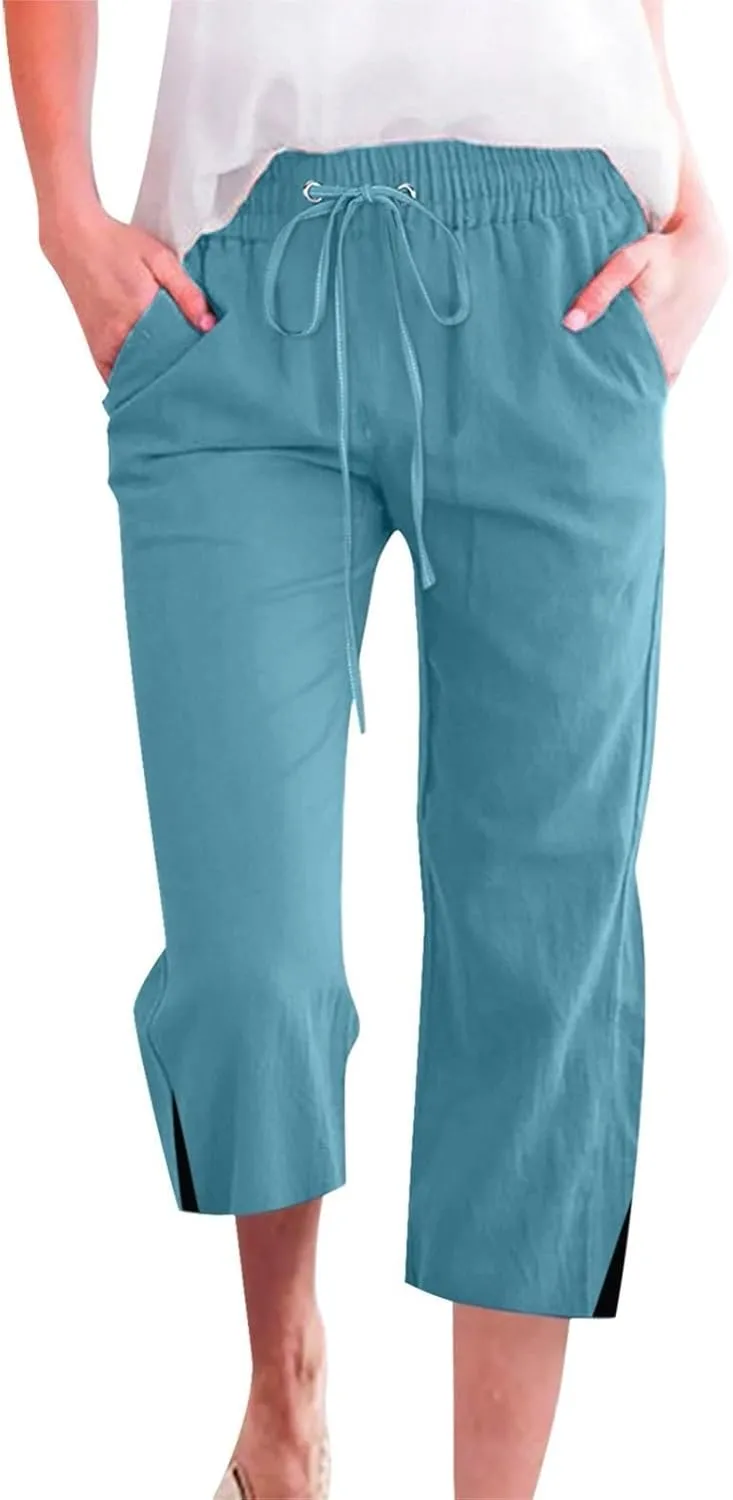 Linen Pants for Women 2025 Summer Petite Linen Pants Wide Leg Gauze Pant Striped Capri Trouser Casual Maternity Pant