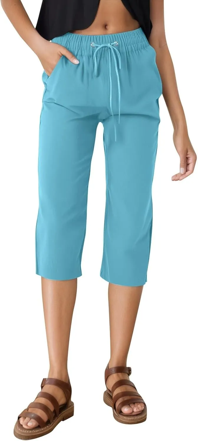 Linen Pants for Women 2025 Summer Petite Linen Pants Wide Leg Gauze Pant Striped Capri Trouser Casual Maternity Pant