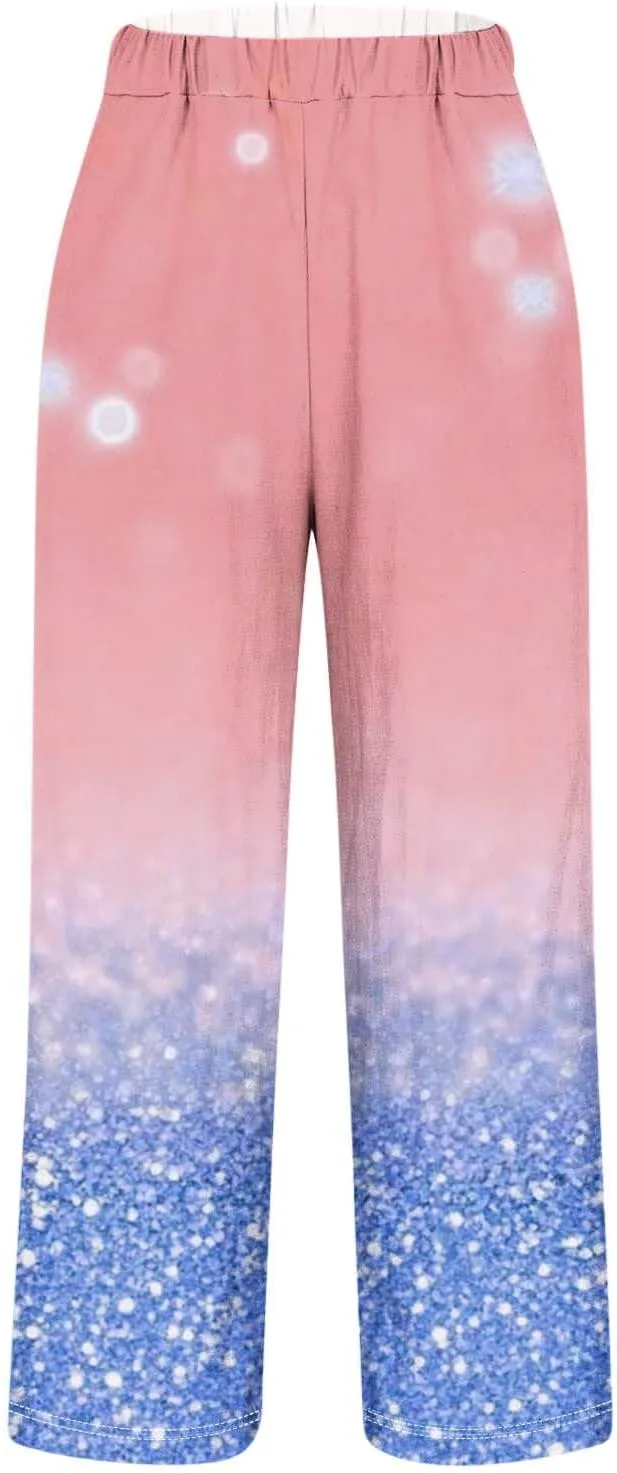 Linen Pants for Women High Waisted Wide Leg Trousers Trendy Gradient Color Printed Elastic Waist Summer Gauze Pants