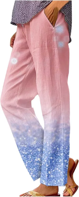 Linen Pants for Women High Waisted Wide Leg Trousers Trendy Gradient Color Printed Elastic Waist Summer Gauze Pants