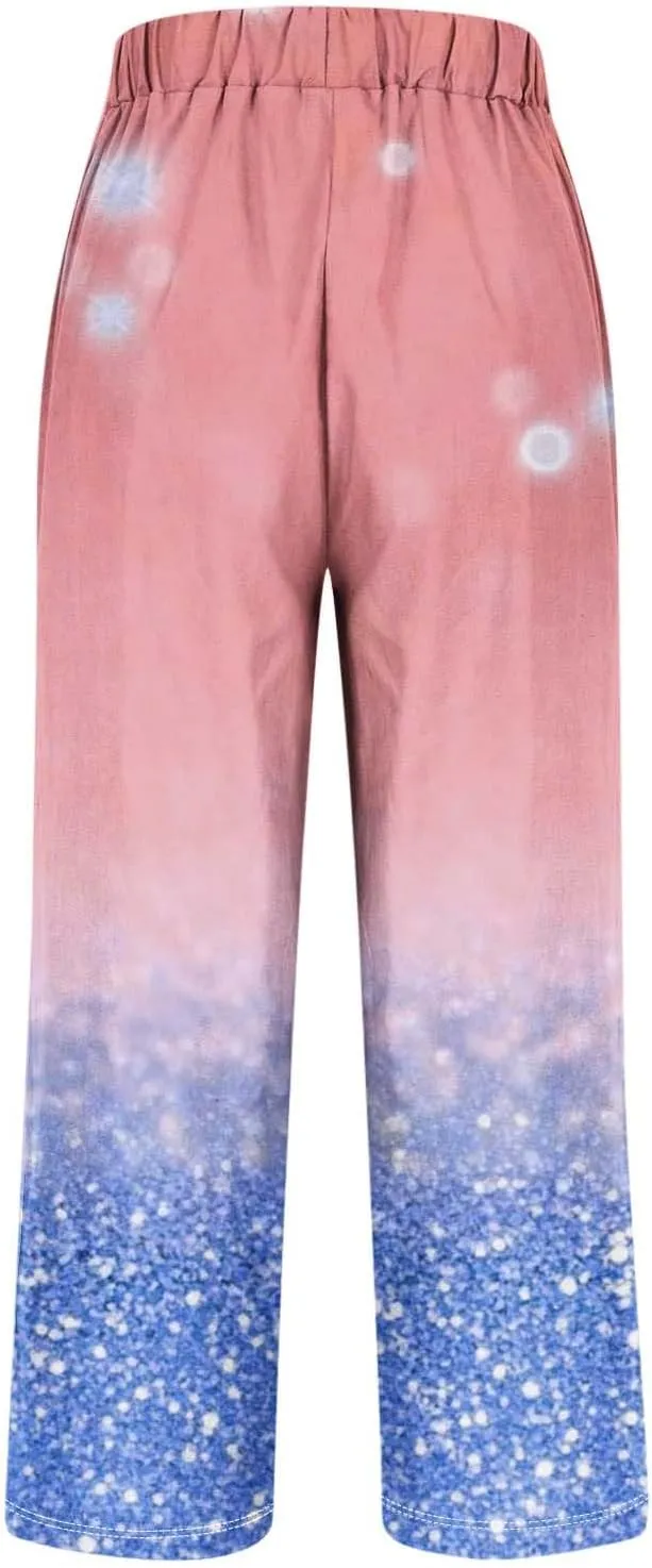 Linen Pants for Women High Waisted Wide Leg Trousers Trendy Gradient Color Printed Elastic Waist Summer Gauze Pants