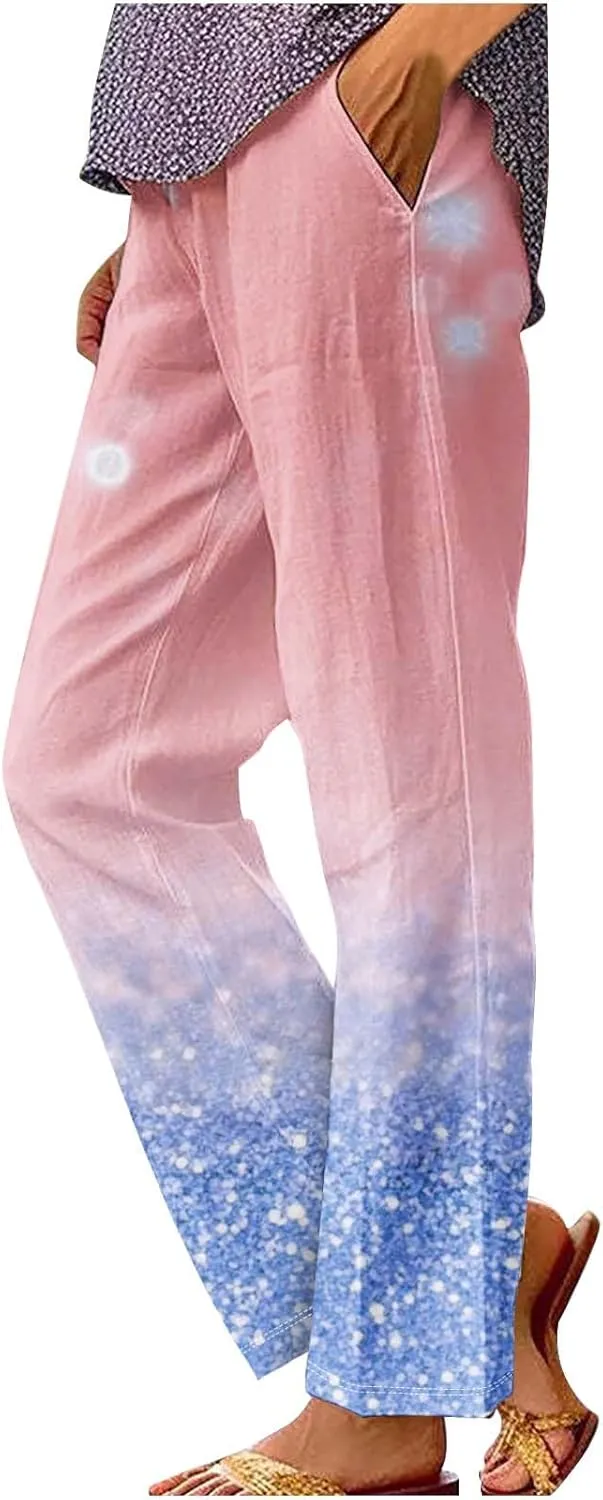 Linen Pants for Women High Waisted Wide Leg Trousers Trendy Gradient Color Printed Elastic Waist Summer Gauze Pants