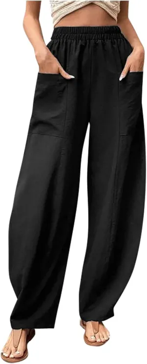 Linen Pants for Women, Pantalon De Vestir para Mujer Women's Trouser Pants Business Casual Ladies Solid Colorwide Leg Trousers with Elastic Waist and Pockets Casual High Waisted (S, Black)